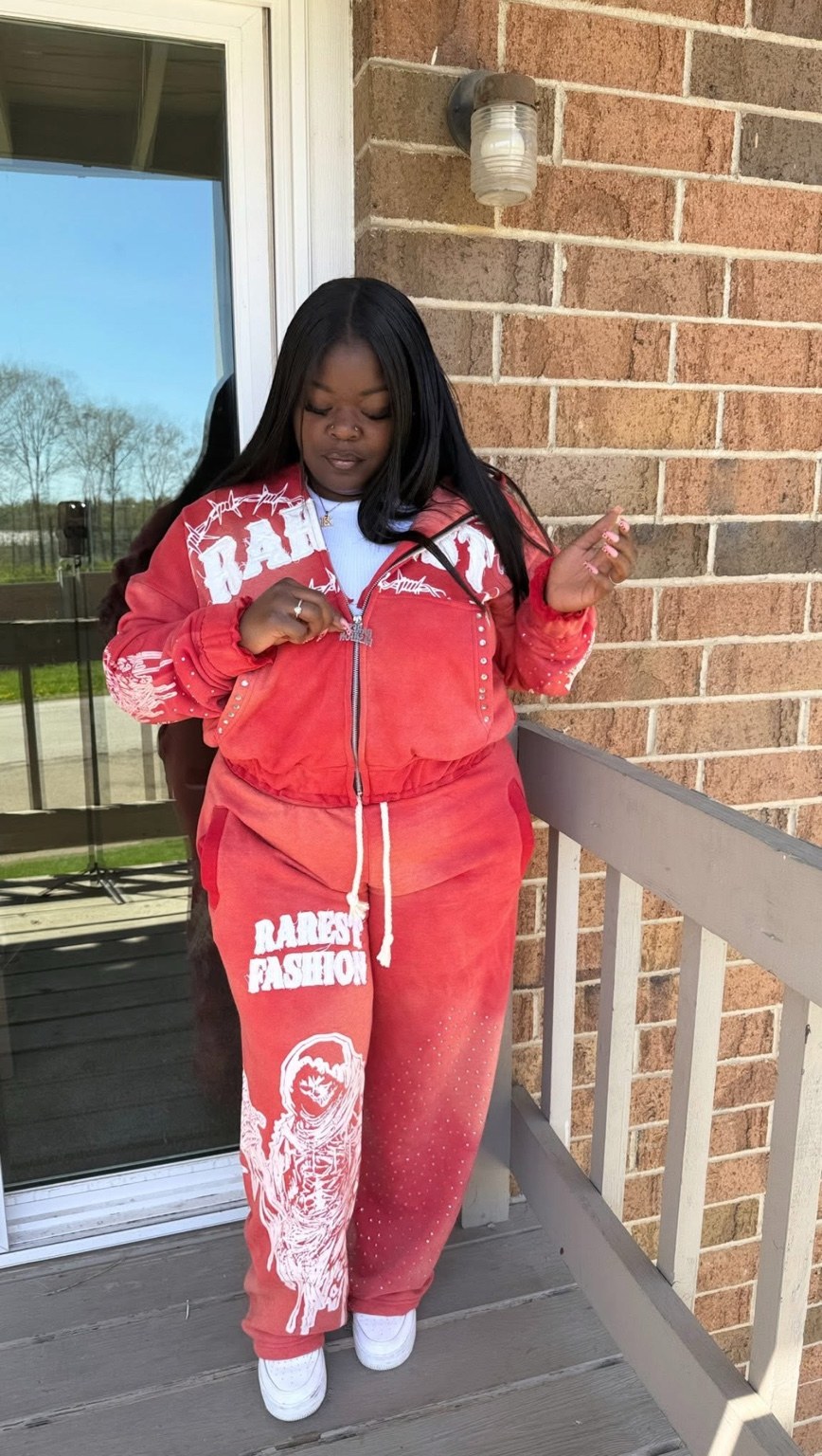 Red, on the front steps — RAREST Fashion tracksuit